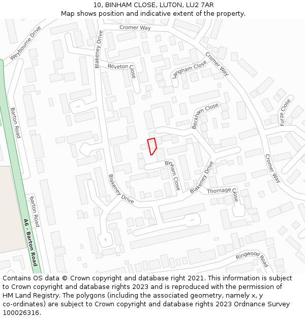 10, BINHAM CLOSE, LUTON, LU2 7AR: Location map and indicative extent of plot