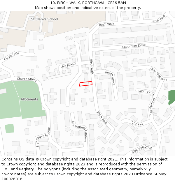 10, BIRCH WALK, PORTHCAWL, CF36 5AN: Location map and indicative extent of plot