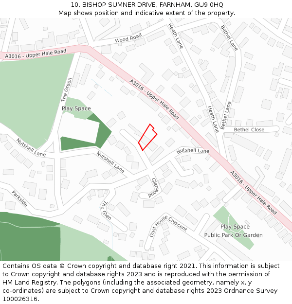 10, BISHOP SUMNER DRIVE, FARNHAM, GU9 0HQ: Location map and indicative extent of plot