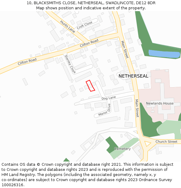 10, BLACKSMITHS CLOSE, NETHERSEAL, SWADLINCOTE, DE12 8DR: Location map and indicative extent of plot