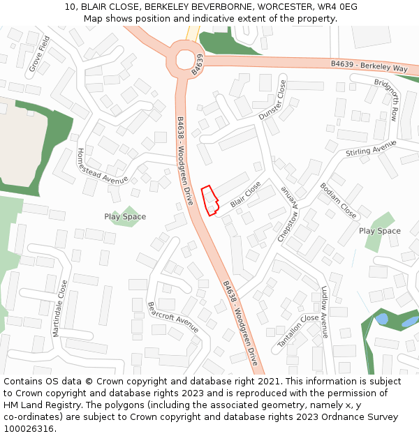 10, BLAIR CLOSE, BERKELEY BEVERBORNE, WORCESTER, WR4 0EG: Location map and indicative extent of plot