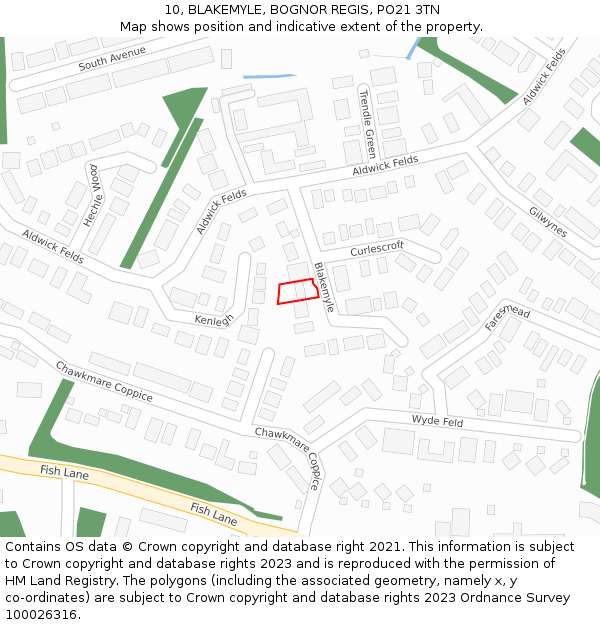 10, BLAKEMYLE, BOGNOR REGIS, PO21 3TN: Location map and indicative extent of plot