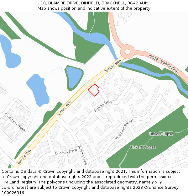 10, BLAMIRE DRIVE, BINFIELD, BRACKNELL, RG42 4UN: Location map and indicative extent of plot