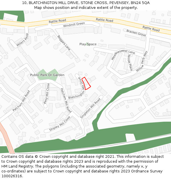 10, BLATCHINGTON MILL DRIVE, STONE CROSS, PEVENSEY, BN24 5QA: Location map and indicative extent of plot