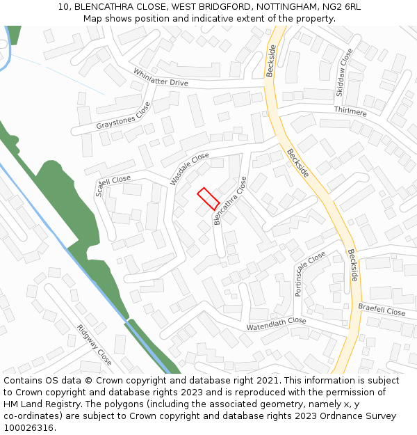 10, BLENCATHRA CLOSE, WEST BRIDGFORD, NOTTINGHAM, NG2 6RL: Location map and indicative extent of plot