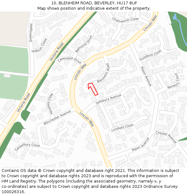 10, BLENHEIM ROAD, BEVERLEY, HU17 8UF: Location map and indicative extent of plot