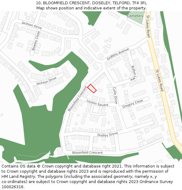 10, BLOOMFIELD CRESCENT, DOSELEY, TELFORD, TF4 3FL: Location map and indicative extent of plot