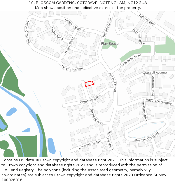 10, BLOSSOM GARDENS, COTGRAVE, NOTTINGHAM, NG12 3UA: Location map and indicative extent of plot