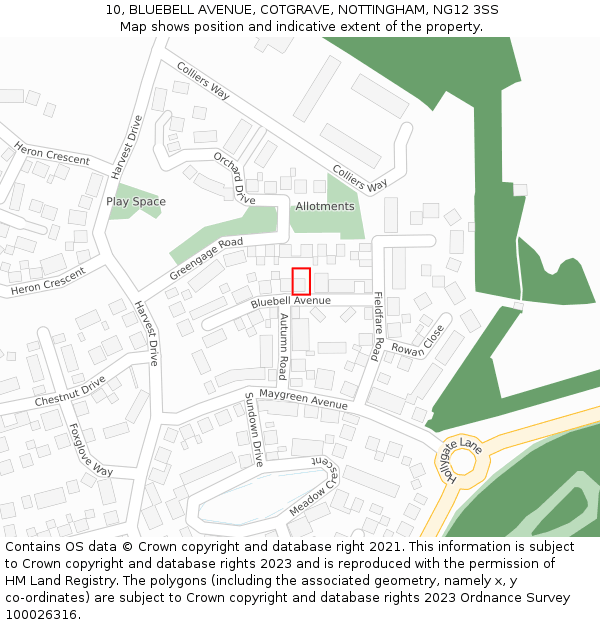 10, BLUEBELL AVENUE, COTGRAVE, NOTTINGHAM, NG12 3SS: Location map and indicative extent of plot