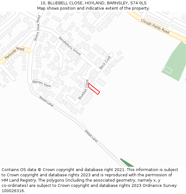 10, BLUEBELL CLOSE, HOYLAND, BARNSLEY, S74 0LS: Location map and indicative extent of plot