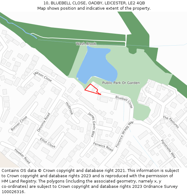 10, BLUEBELL CLOSE, OADBY, LEICESTER, LE2 4QB: Location map and indicative extent of plot