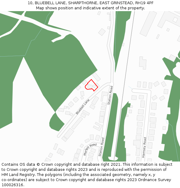 10, BLUEBELL LANE, SHARPTHORNE, EAST GRINSTEAD, RH19 4PF: Location map and indicative extent of plot