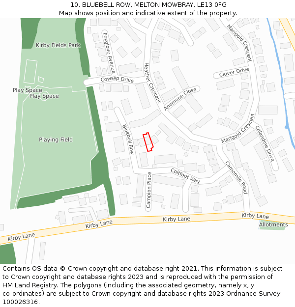 10, BLUEBELL ROW, MELTON MOWBRAY, LE13 0FG: Location map and indicative extent of plot