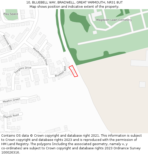 10, BLUEBELL WAY, BRADWELL, GREAT YARMOUTH, NR31 8UT: Location map and indicative extent of plot