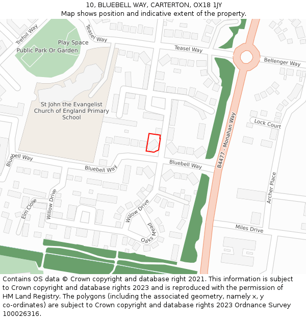 10, BLUEBELL WAY, CARTERTON, OX18 1JY: Location map and indicative extent of plot