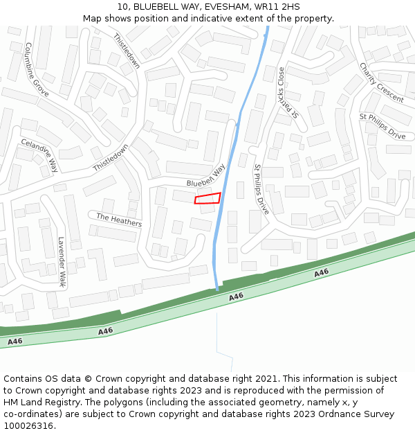 10, BLUEBELL WAY, EVESHAM, WR11 2HS: Location map and indicative extent of plot