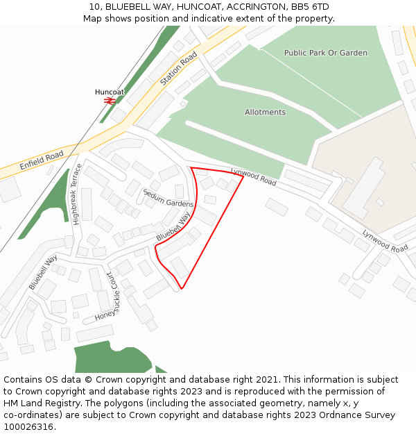 10, BLUEBELL WAY, HUNCOAT, ACCRINGTON, BB5 6TD: Location map and indicative extent of plot