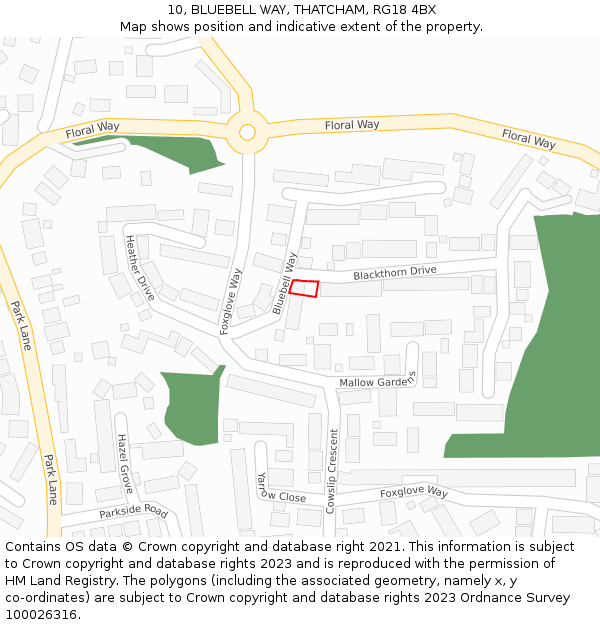 10, BLUEBELL WAY, THATCHAM, RG18 4BX: Location map and indicative extent of plot