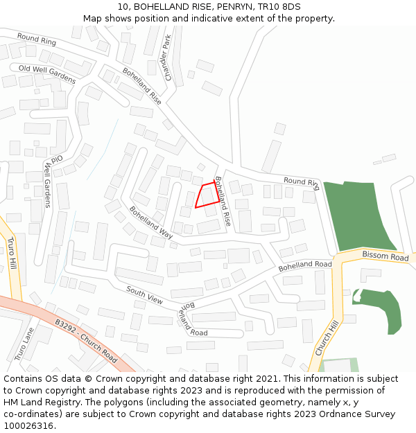 10, BOHELLAND RISE, PENRYN, TR10 8DS: Location map and indicative extent of plot