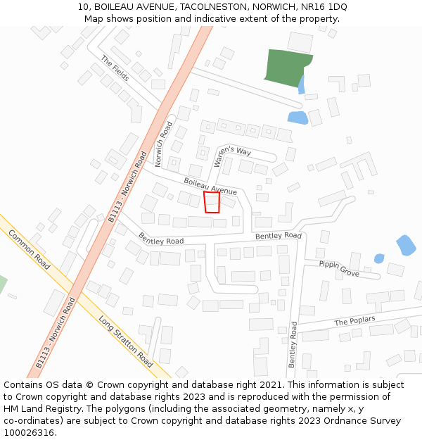 10, BOILEAU AVENUE, TACOLNESTON, NORWICH, NR16 1DQ: Location map and indicative extent of plot