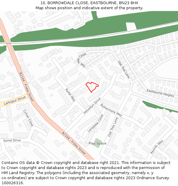 10, BORROWDALE CLOSE, EASTBOURNE, BN23 8HX: Location map and indicative extent of plot