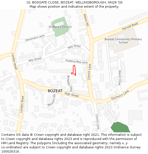 10, BOSGATE CLOSE, BOZEAT, WELLINGBOROUGH, NN29 7JS: Location map and indicative extent of plot