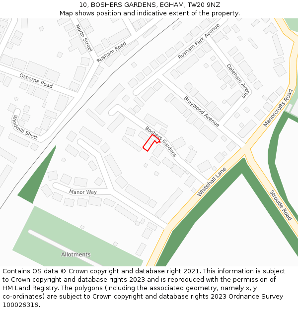 10, BOSHERS GARDENS, EGHAM, TW20 9NZ: Location map and indicative extent of plot