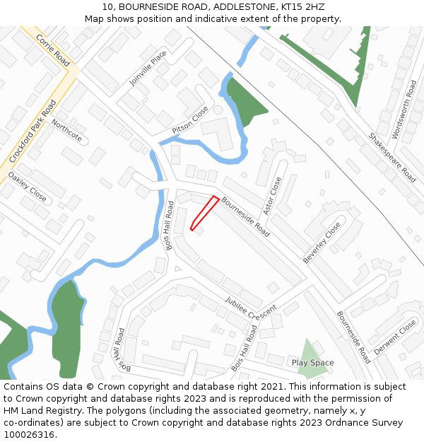 10, BOURNESIDE ROAD, ADDLESTONE, KT15 2HZ: Location map and indicative extent of plot