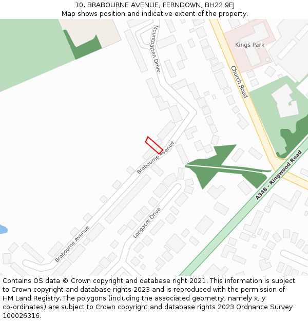 10, BRABOURNE AVENUE, FERNDOWN, BH22 9EJ: Location map and indicative extent of plot