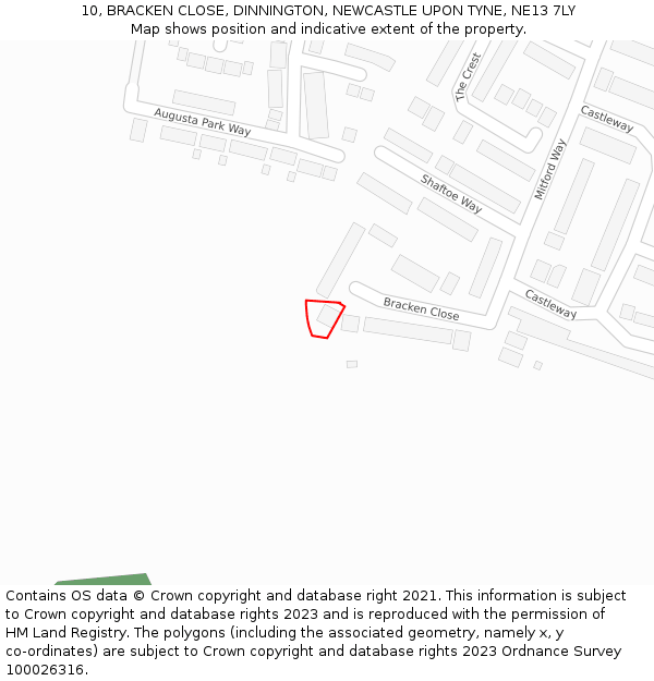 10, BRACKEN CLOSE, DINNINGTON, NEWCASTLE UPON TYNE, NE13 7LY: Location map and indicative extent of plot