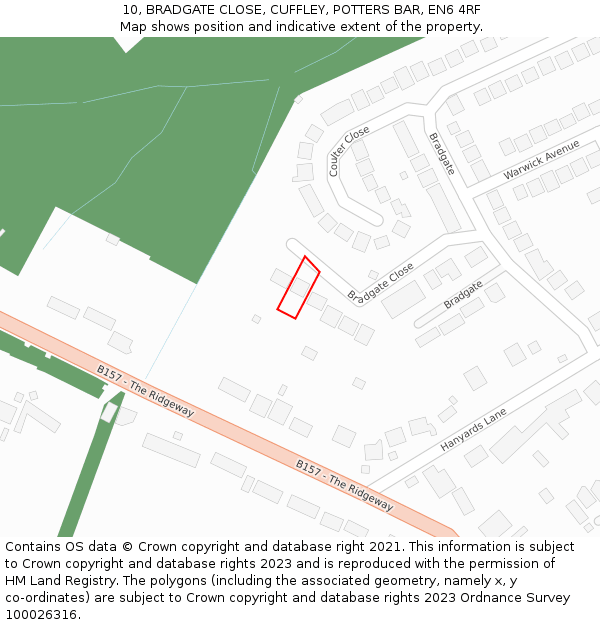 10, BRADGATE CLOSE, CUFFLEY, POTTERS BAR, EN6 4RF: Location map and indicative extent of plot