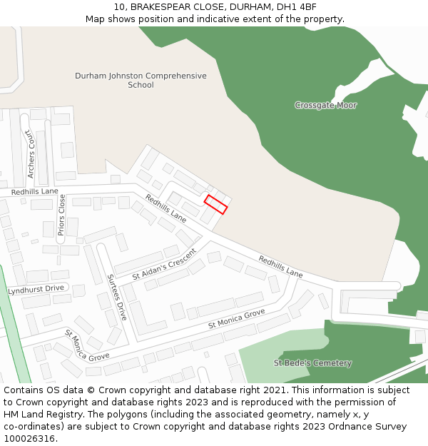 10, BRAKESPEAR CLOSE, DURHAM, DH1 4BF: Location map and indicative extent of plot