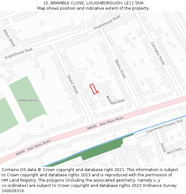10, BRAMBLE CLOSE, LOUGHBOROUGH, LE11 5NA: Location map and indicative extent of plot