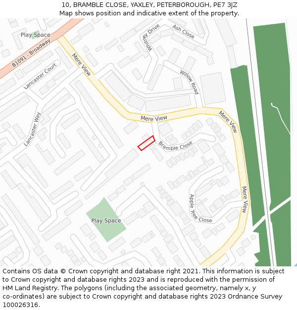10, BRAMBLE CLOSE, YAXLEY, PETERBOROUGH, PE7 3JZ: Location map and indicative extent of plot