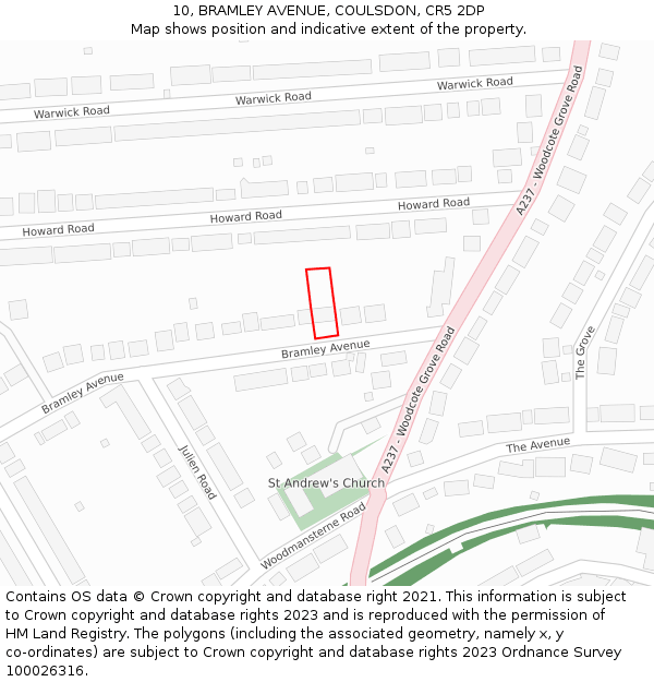 10, BRAMLEY AVENUE, COULSDON, CR5 2DP: Location map and indicative extent of plot