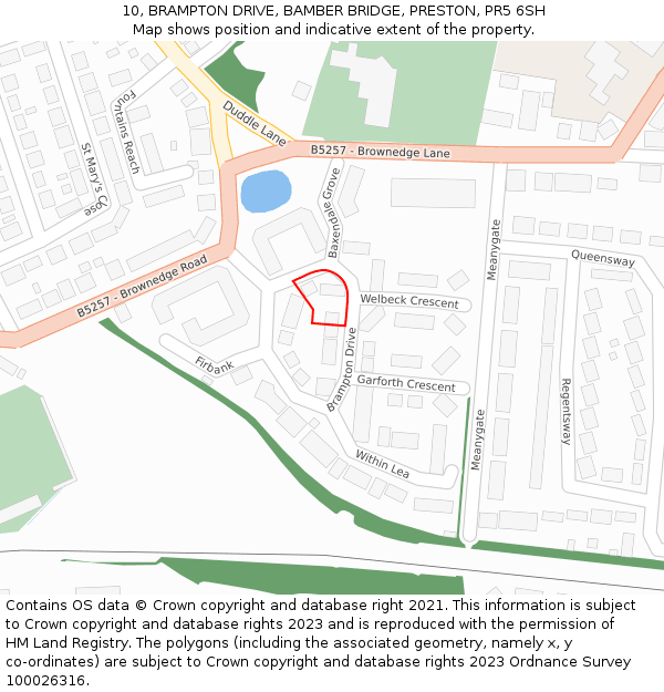 10, BRAMPTON DRIVE, BAMBER BRIDGE, PRESTON, PR5 6SH: Location map and indicative extent of plot