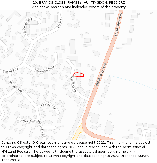 10, BRANDS CLOSE, RAMSEY, HUNTINGDON, PE26 1RZ: Location map and indicative extent of plot