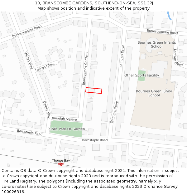 10, BRANSCOMBE GARDENS, SOUTHEND-ON-SEA, SS1 3PJ: Location map and indicative extent of plot