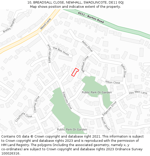 10, BREADSALL CLOSE, NEWHALL, SWADLINCOTE, DE11 0QJ: Location map and indicative extent of plot