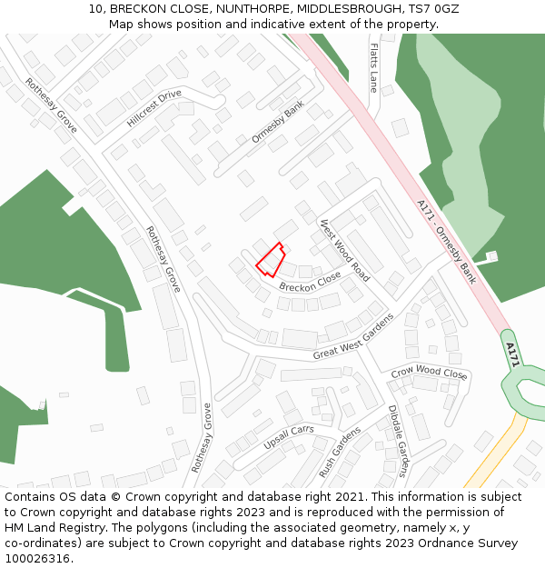 10, BRECKON CLOSE, NUNTHORPE, MIDDLESBROUGH, TS7 0GZ: Location map and indicative extent of plot