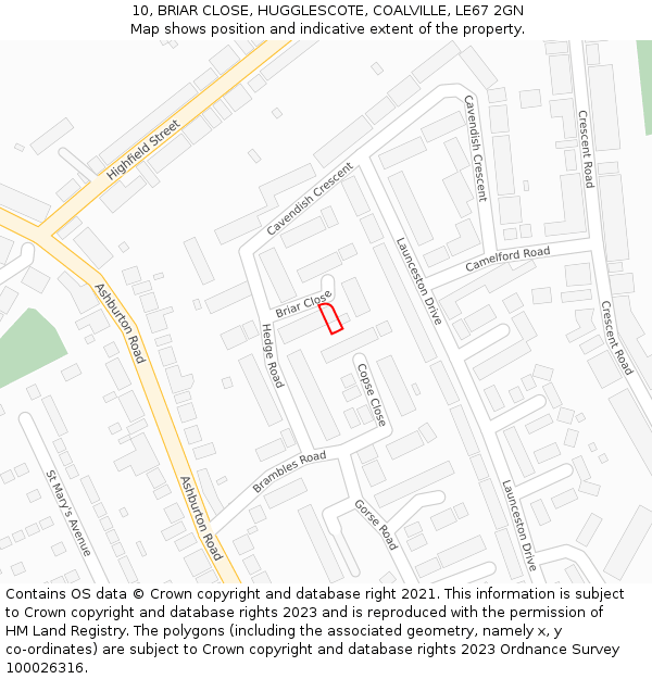 10, BRIAR CLOSE, HUGGLESCOTE, COALVILLE, LE67 2GN: Location map and indicative extent of plot