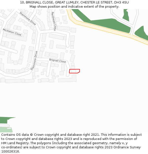 10, BRIGNALL CLOSE, GREAT LUMLEY, CHESTER LE STREET, DH3 4SU: Location map and indicative extent of plot