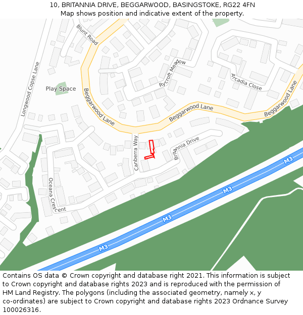 10, BRITANNIA DRIVE, BEGGARWOOD, BASINGSTOKE, RG22 4FN: Location map and indicative extent of plot