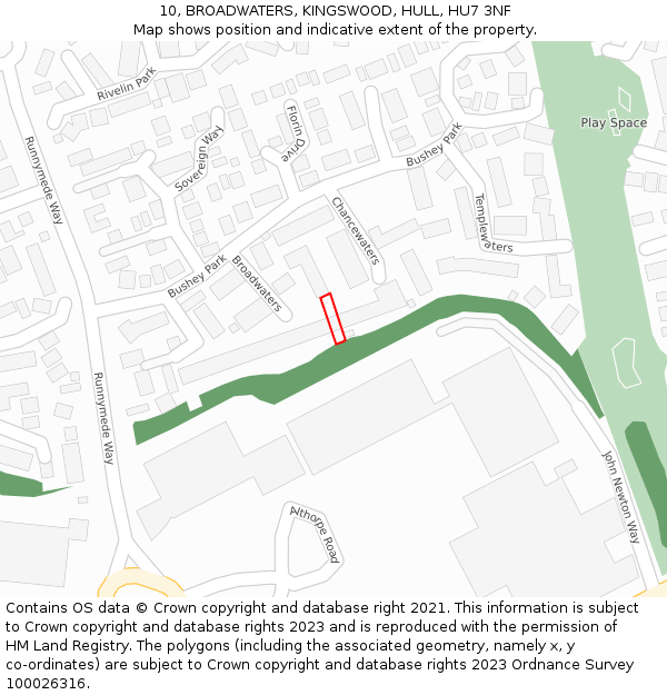10, BROADWATERS, KINGSWOOD, HULL, HU7 3NF: Location map and indicative extent of plot