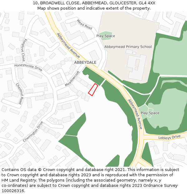 10, BROADWELL CLOSE, ABBEYMEAD, GLOUCESTER, GL4 4XX: Location map and indicative extent of plot