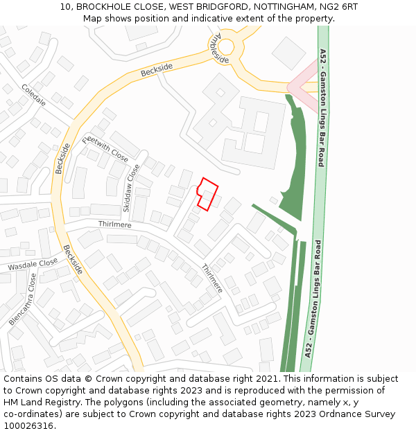 10, BROCKHOLE CLOSE, WEST BRIDGFORD, NOTTINGHAM, NG2 6RT: Location map and indicative extent of plot