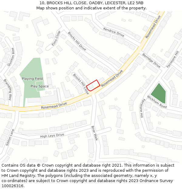 10, BROCKS HILL CLOSE, OADBY, LEICESTER, LE2 5RB: Location map and indicative extent of plot