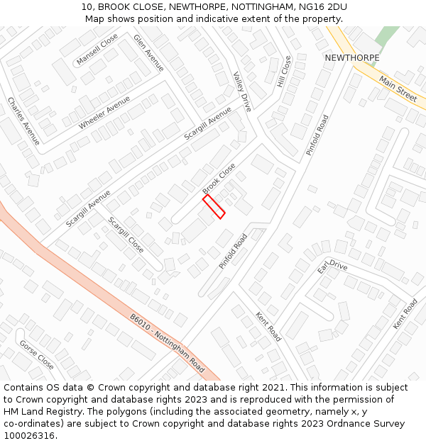 10, BROOK CLOSE, NEWTHORPE, NOTTINGHAM, NG16 2DU: Location map and indicative extent of plot