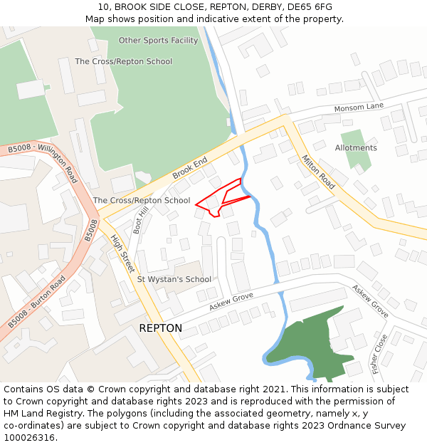 10, BROOK SIDE CLOSE, REPTON, DERBY, DE65 6FG: Location map and indicative extent of plot