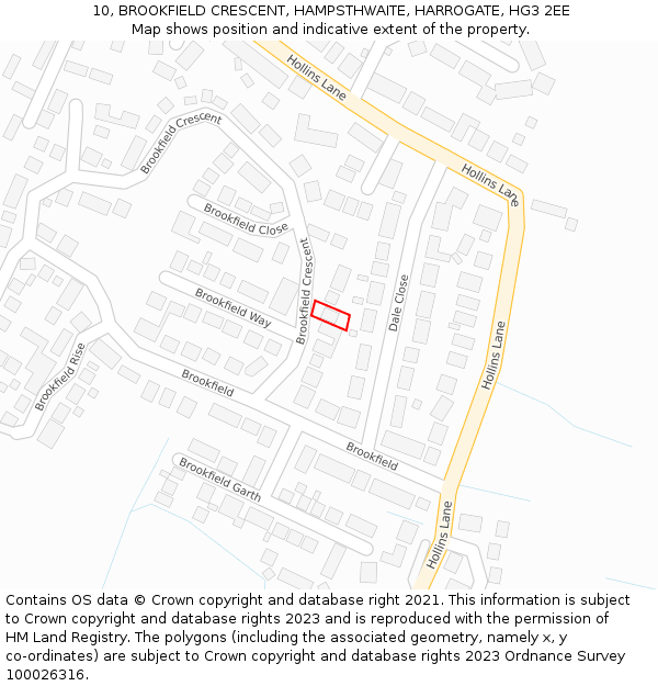 10, BROOKFIELD CRESCENT, HAMPSTHWAITE, HARROGATE, HG3 2EE: Location map and indicative extent of plot